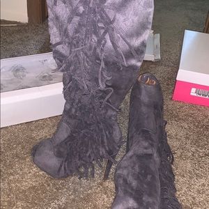 Gray Thigh high heeled boots